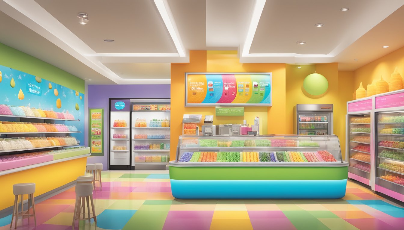 A colorful display of TCBY Mango Sorbet surrounded by other frozen yogurt flavors, with vibrant toppings and a bright, inviting atmosphere