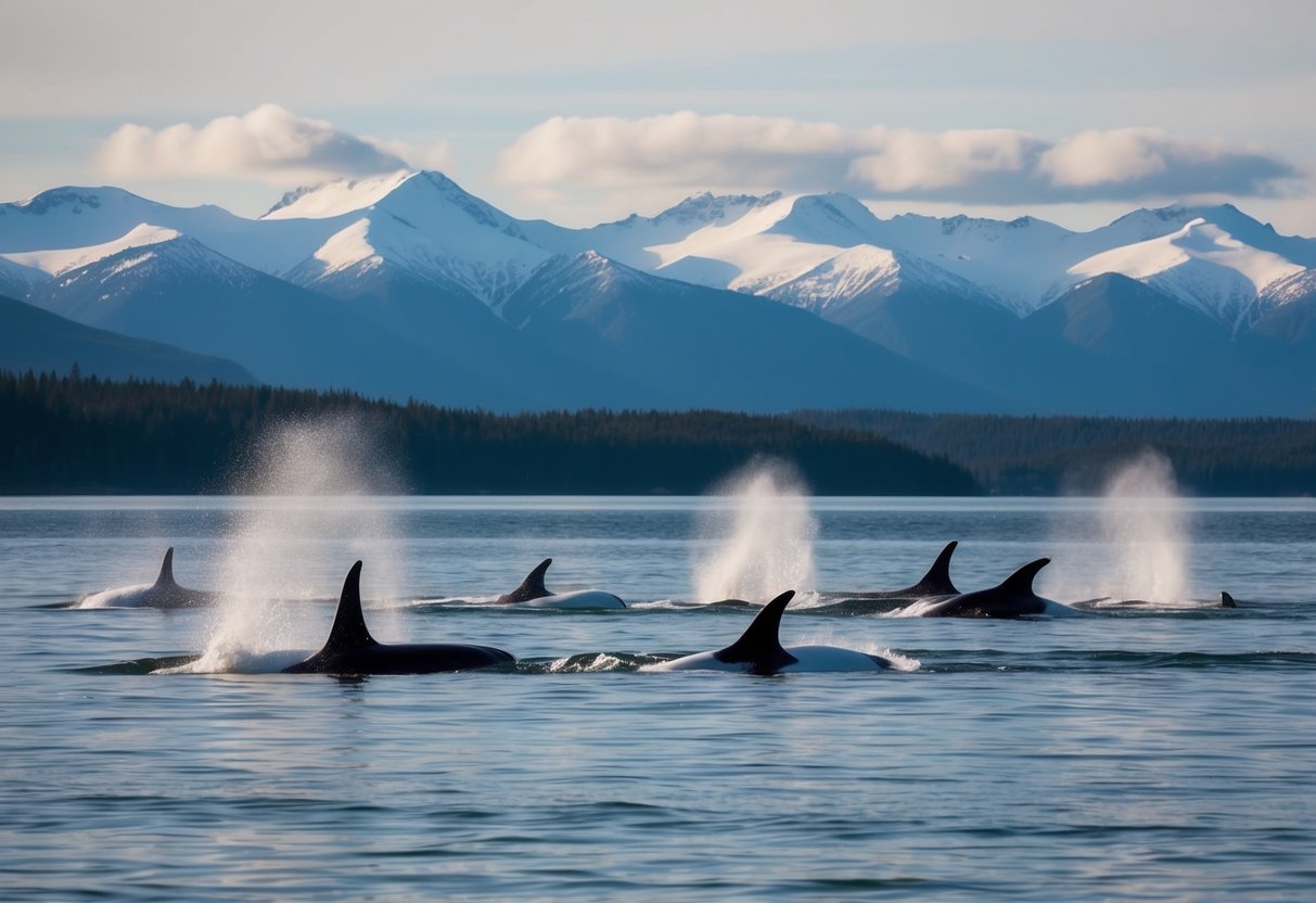 A serene coastal landscape with snow-capped mountains in the distance, calm waters, and a pod of beluga whales breaching and swimming in the Turnagain Arm