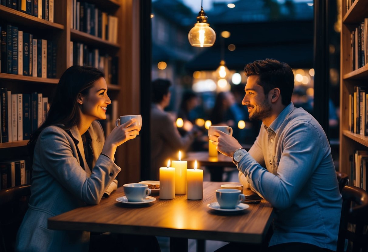 A cozy cafe with a candlelit table, surrounded by shelves of books. A couple enjoys a quiet evening, sipping coffee and sharing conversation