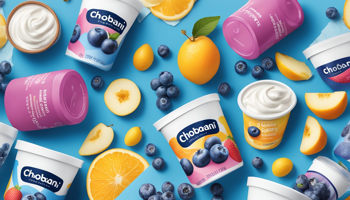 A colorful tub of Chobani Blueberry Greek Yogurt surrounded by other frozen yogurt containers, with vibrant fruit illustrations and a backdrop of swirling patterns