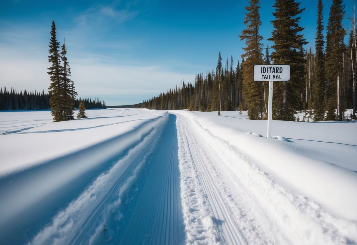 A snow-covered trail winds through a forest, with tall trees and a clear blue sky in the background. A signpost marks the historic Iditarod Trail