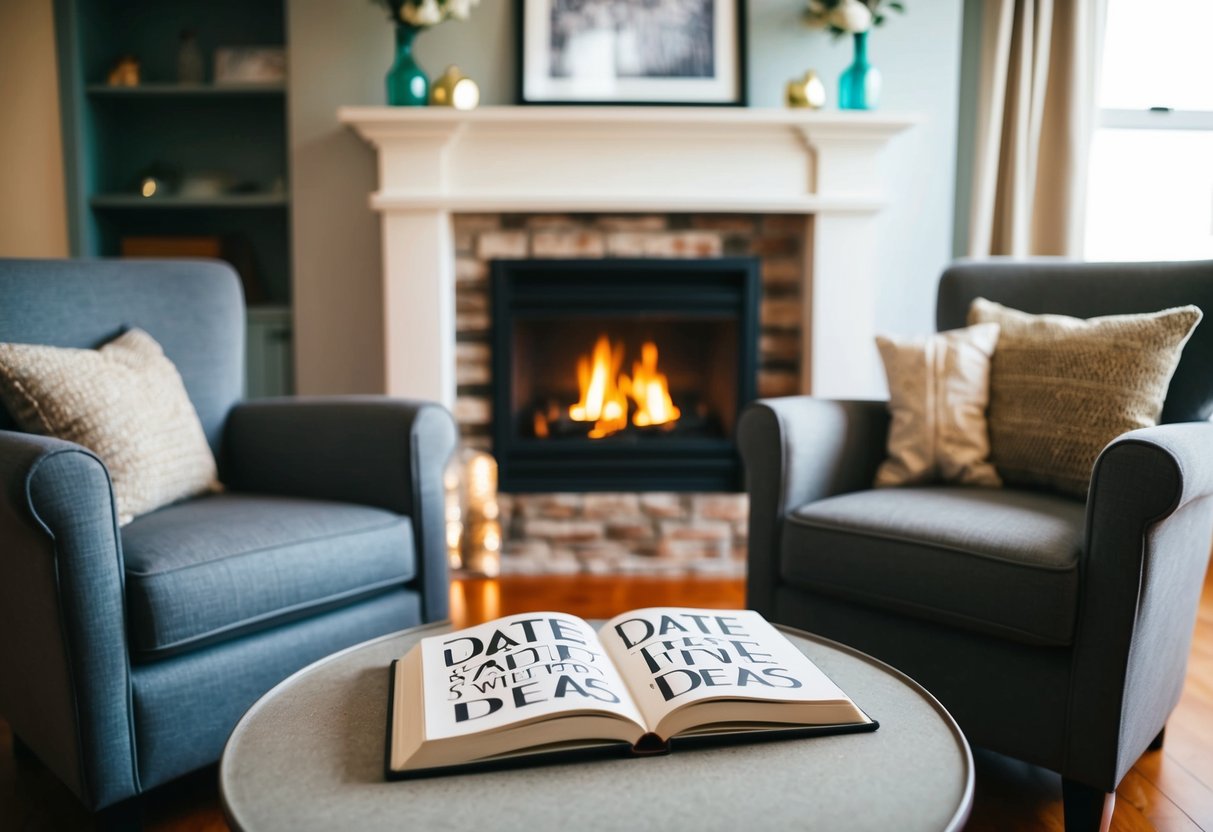 A cozy living room with a crackling fireplace, two armchairs, and a small table with a book open to a page filled with date ideas