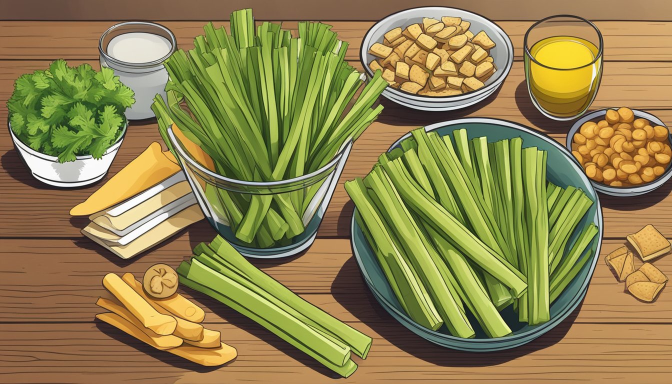 A bowl of celery sticks surrounded by other low-calorie snacks on a wooden table