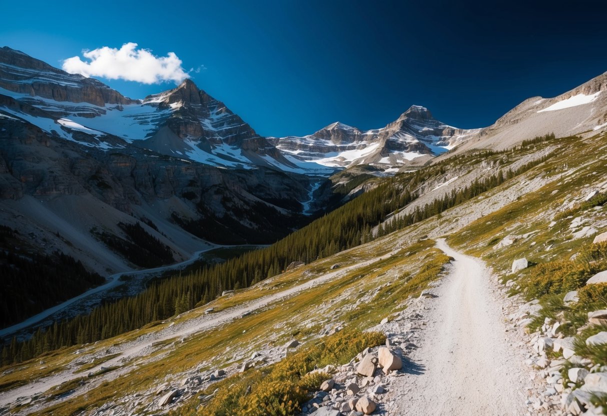 A panoramic view of the rugged alpine landscape at Hatcher Pass, with snow-capped mountains and a winding trail