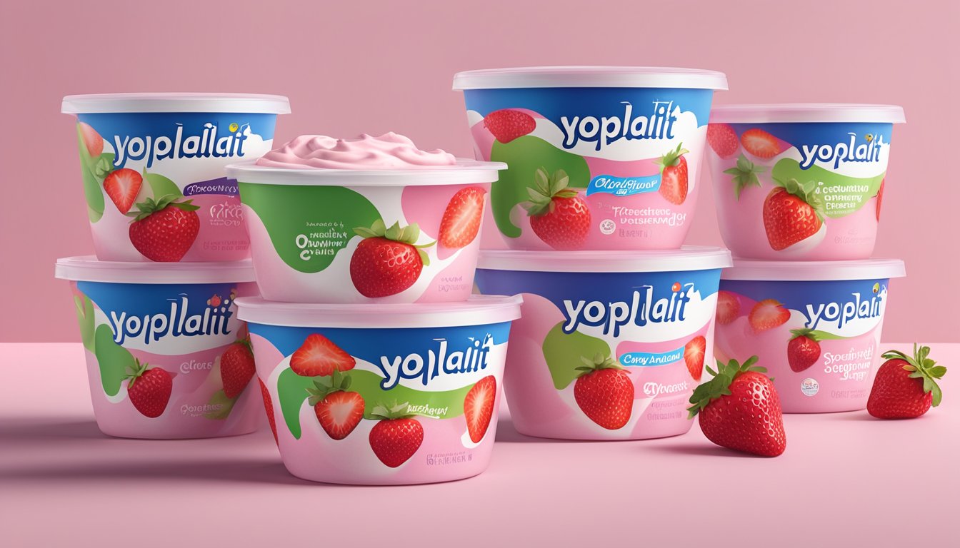 A bowl of Yoplait Original Strawberry yogurt surrounded by 7 frozen yogurt containers with vibrant packaging