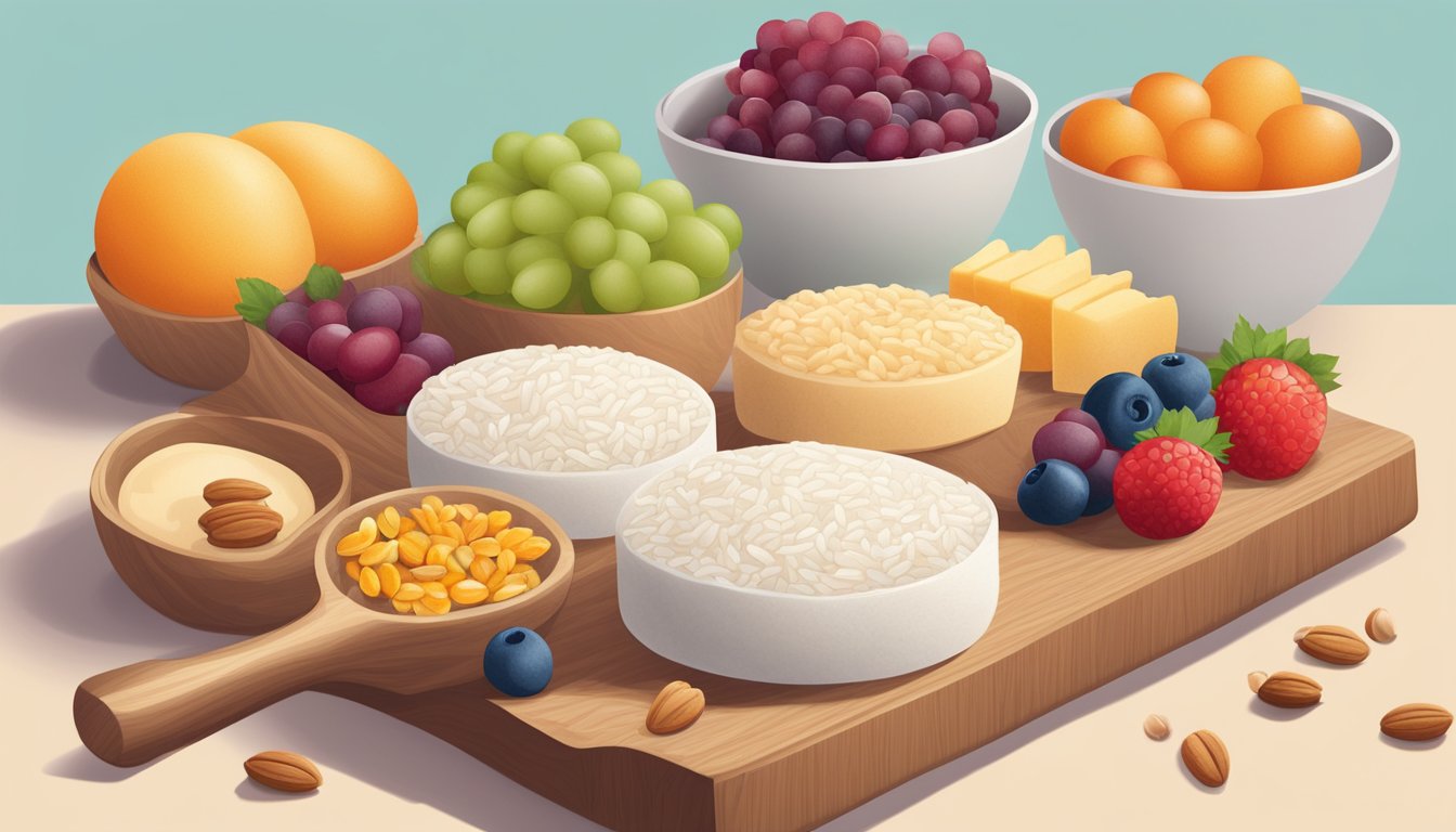 A colorful array of rice cakes arranged on a wooden cutting board, surrounded by fresh fruit and a small bowl of nuts