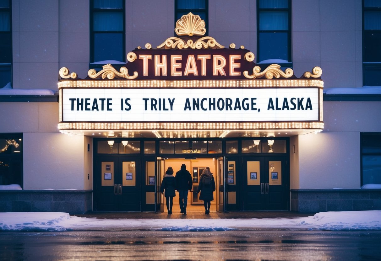 Theater marquee illuminated against a snowy backdrop, with couples entering the building in Anchorage, Alaska