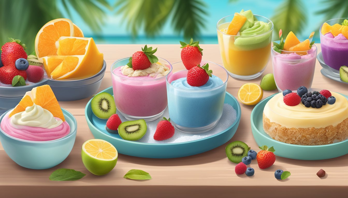 A colorful display of dairy-free frozen desserts surrounded by vibrant fruits and toppings, with a focus on the coconut milk non-dairy frozen dessert