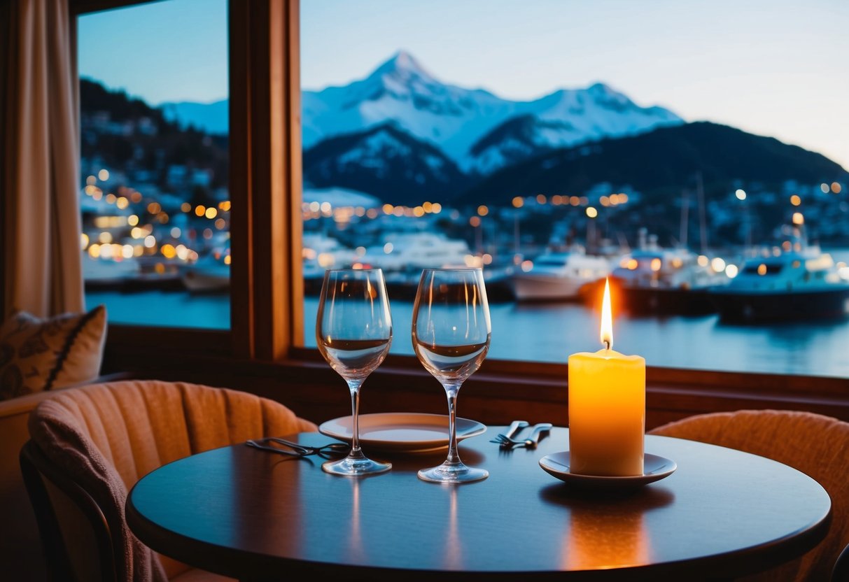 A cozy table overlooking the harbor, with a flickering candle and a view of the snow-capped mountains in the distance