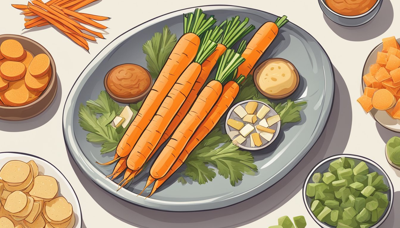 A plate of carrot sticks surrounded by various low-calorie snacks