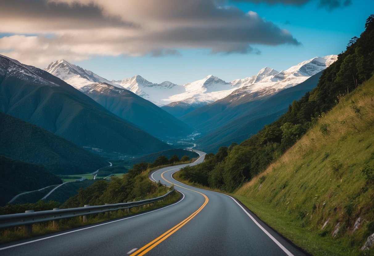 A winding road through lush mountains, with snow-capped peaks in the distance