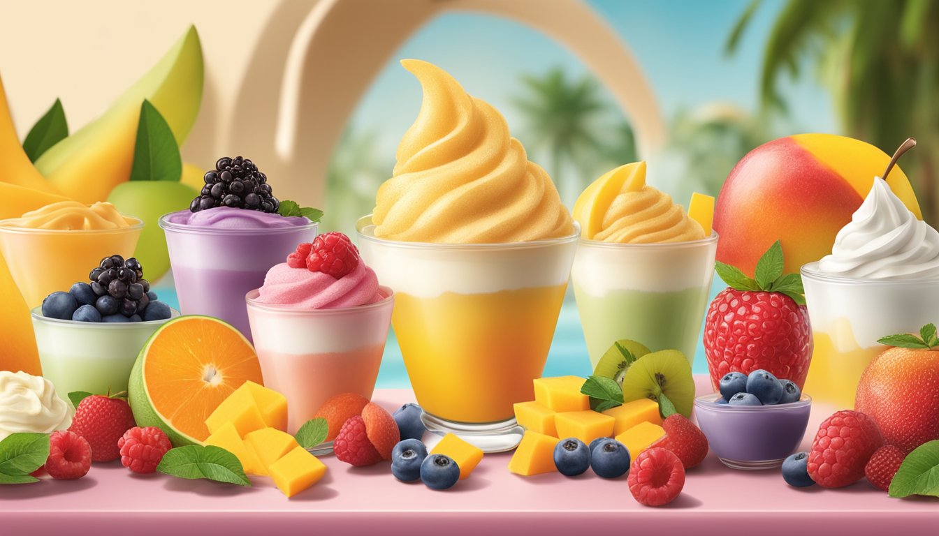 A colorful display of Häagen-Dazs Mango Sorbet and other frozen yogurts, surrounded by vibrant fruit and a tempting dessert setting