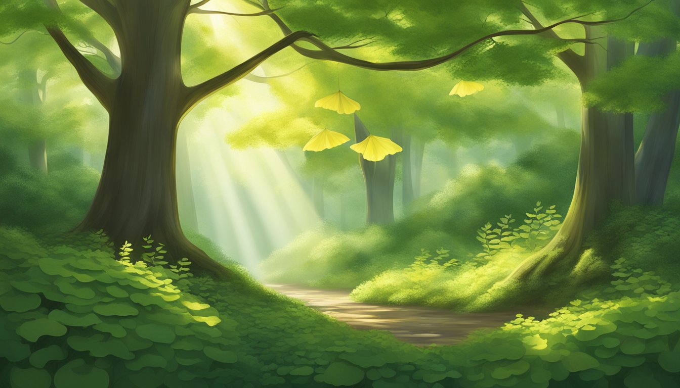 A serene forest scene with a prominent ginkgo biloba tree surrounded by other lush green foliage. Sunlight filters through the leaves, creating a tranquil atmosphere