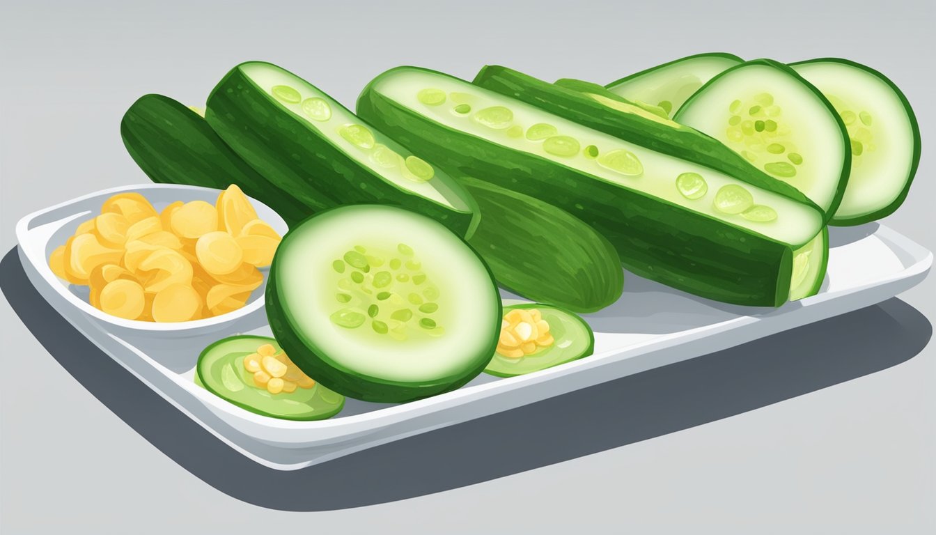 Cucumber slices arranged on a plate with other low-calorie snacks