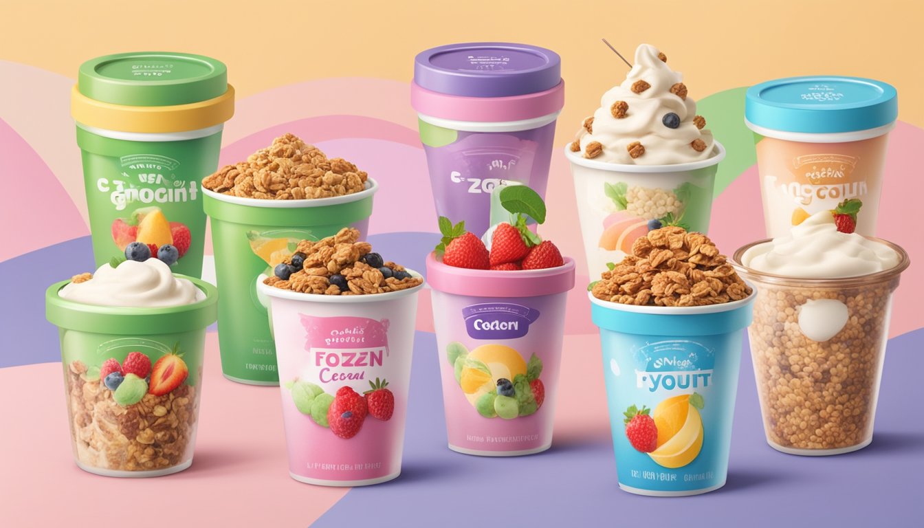 A colorful display of frozen yogurt containers, surrounded by fruit and granola toppings, with a sign highlighting their sugar content compared to ice cream