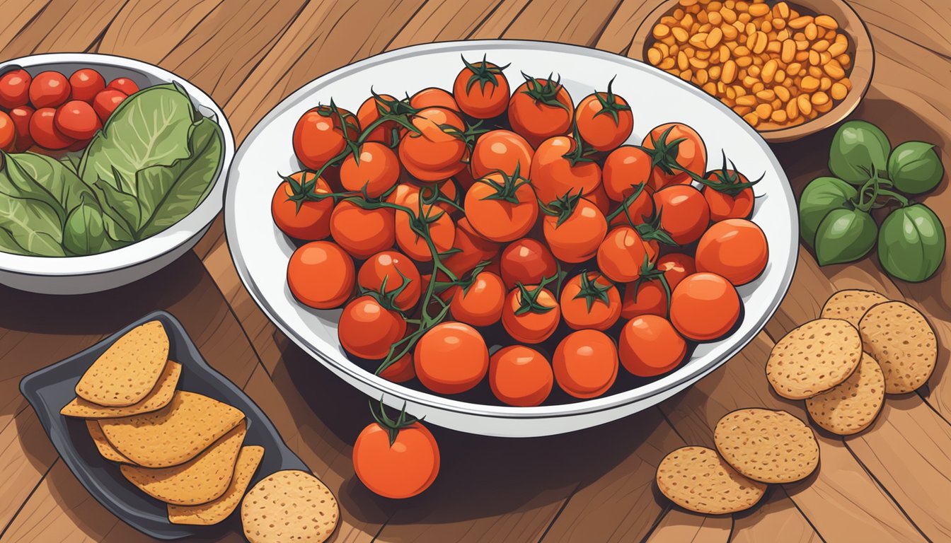 A bowl of cherry tomatoes surrounded by various low-calorie snacks on a wooden table