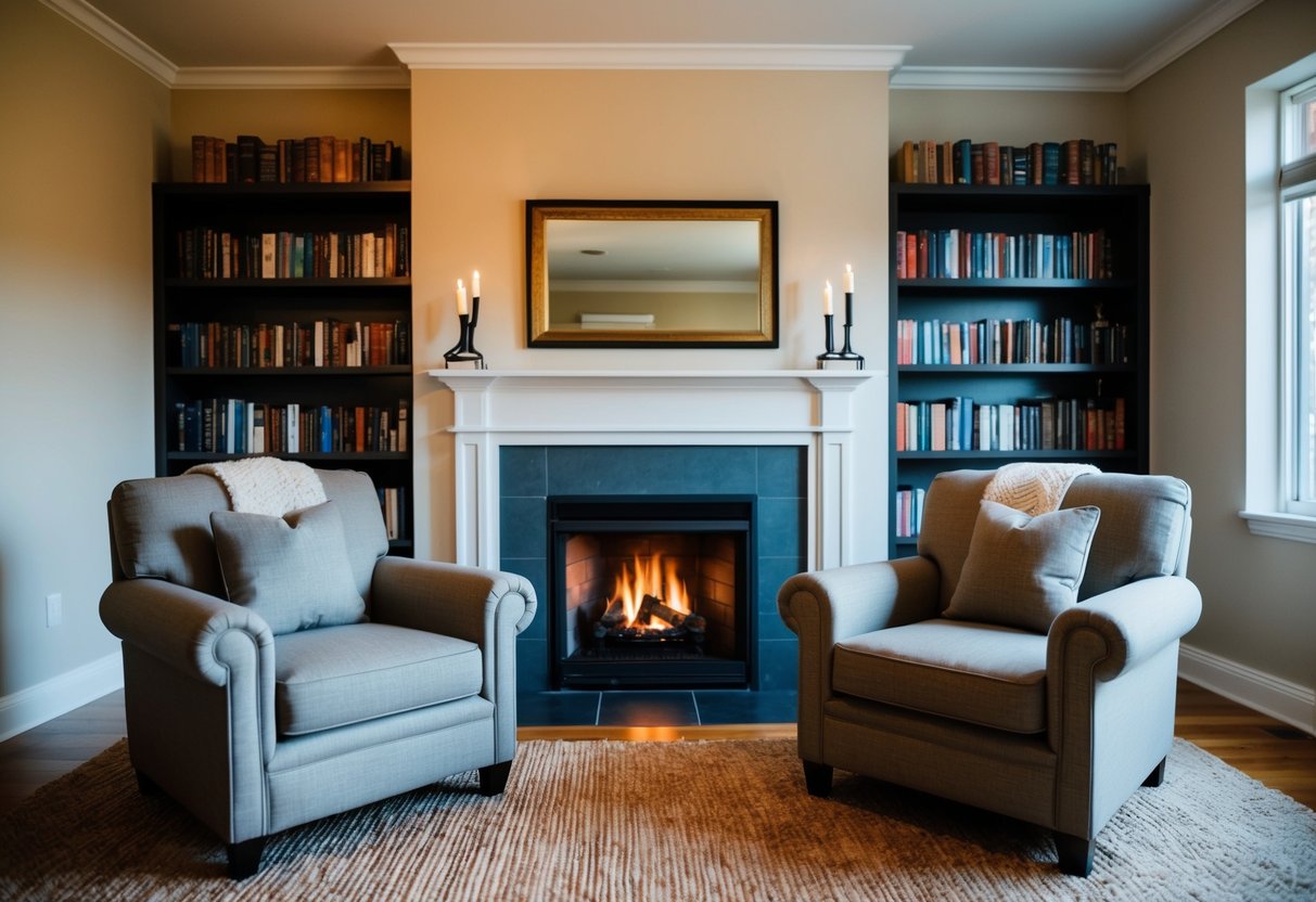 A cozy living room with two armchairs facing each other, a warm fireplace, and a bookshelf filled with books on relationships and spirituality