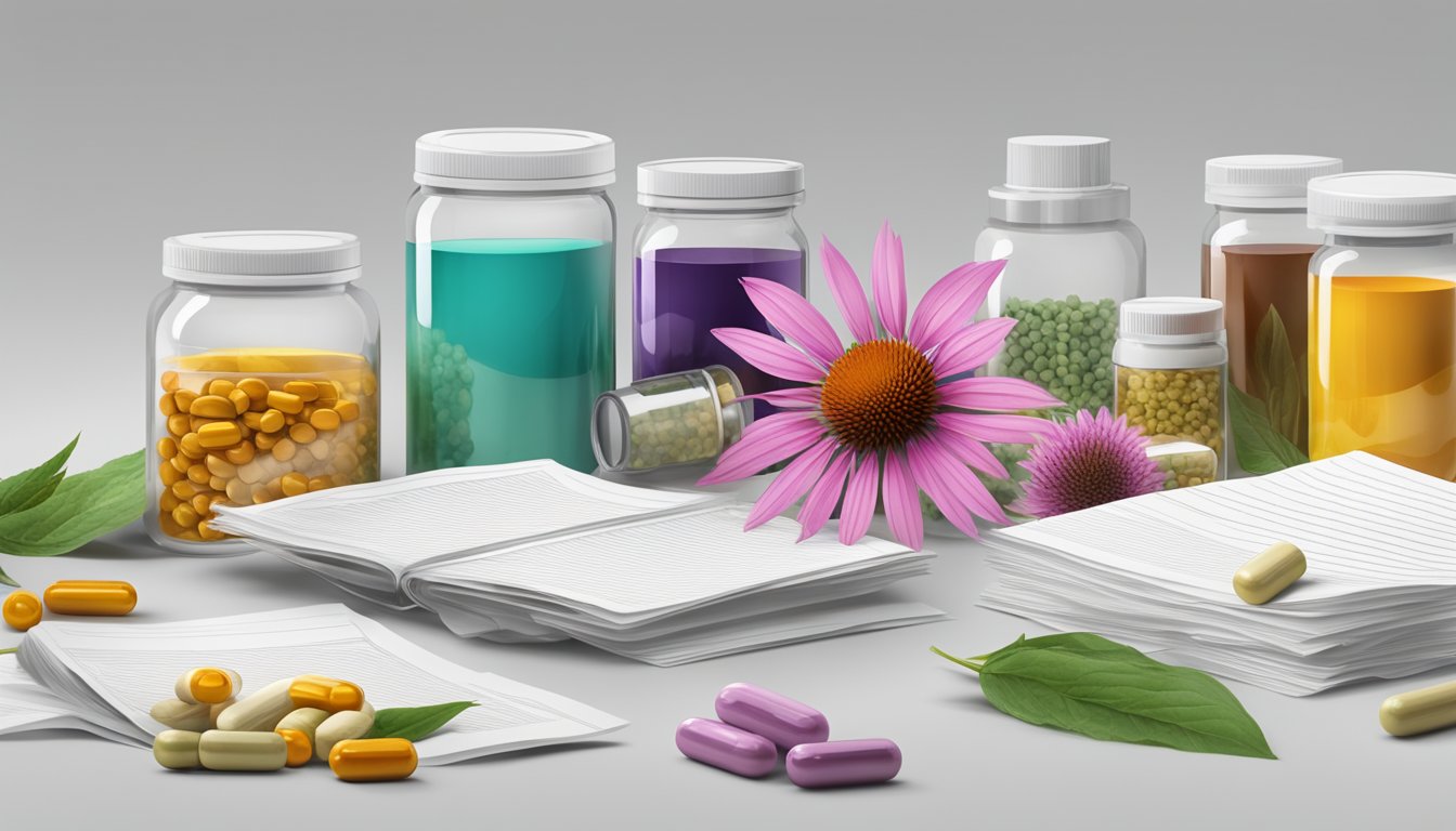 A colorful array of echinacea supplements arranged on a clean, white surface, surrounded by scientific research papers and a skeptical expression