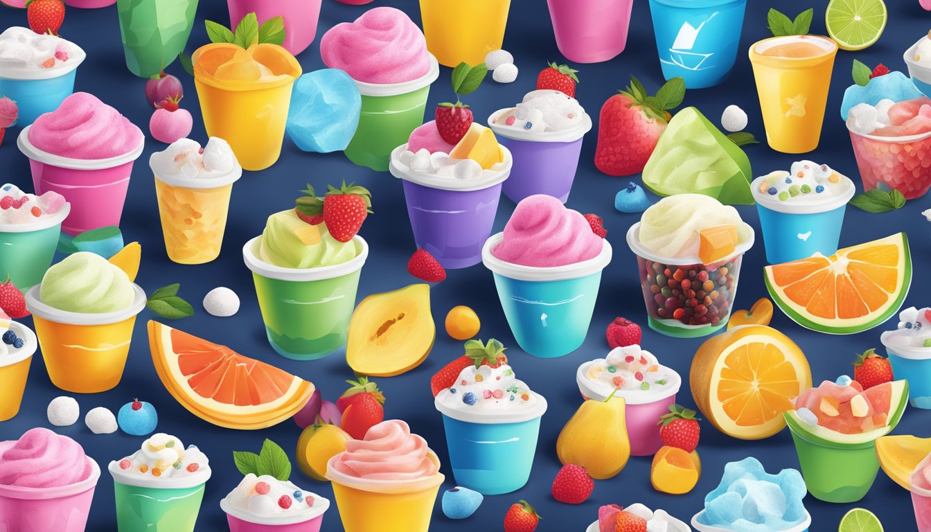 A colorful array of frozen yogurt containers with vibrant fruit illustrations, surrounded by scattered sugar cubes and warning signs