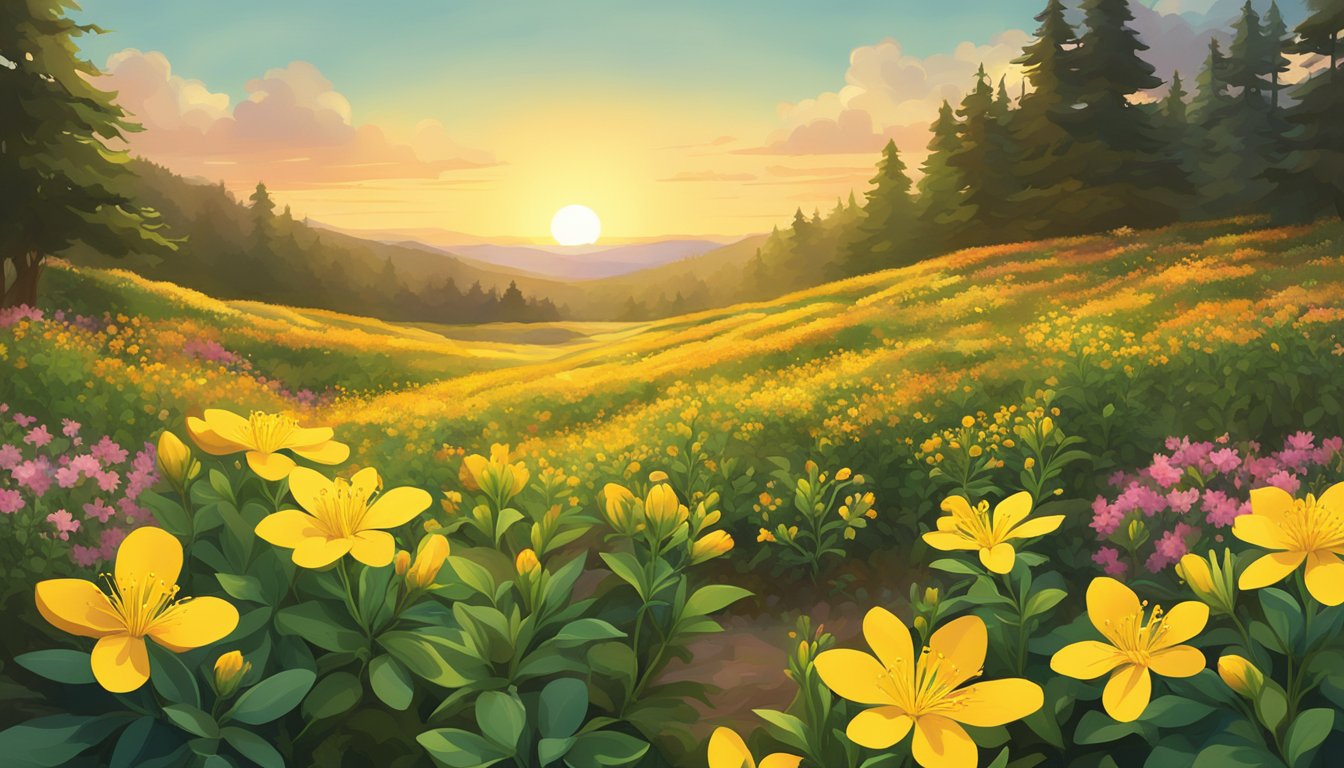 A vibrant field of St. John's Wort flowers, surrounded by lush greenery and bathed in warm sunlight