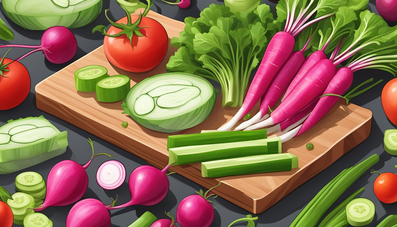 A colorful array of radishes arranged on a wooden cutting board, surrounded by various low-calorie snacks like celery, cucumber, and cherry tomatoes