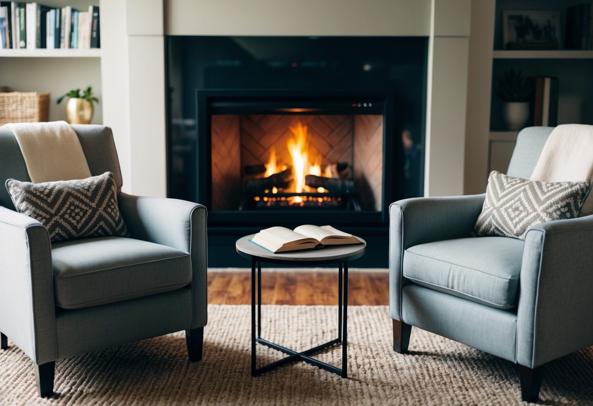 A cozy living room with a crackling fireplace, two comfortable armchairs facing each other, and a small table with a book and a pen