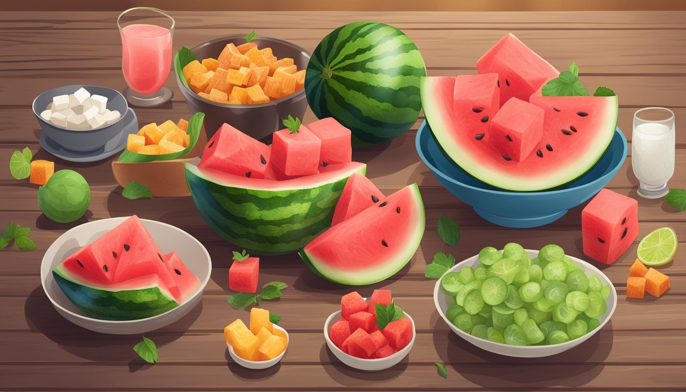 A bowl of vibrant watermelon cubes surrounded by assorted low-calorie snacks on a wooden table