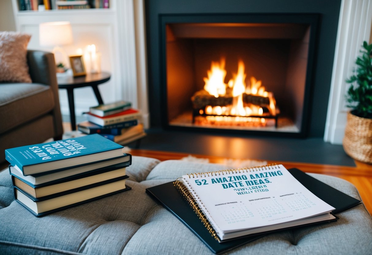 A cozy living room with a crackling fireplace, a pile of books, and a calendar open to a page titled "52 Amazing Date Ideas: Weekly Planner" by Laura Doyle