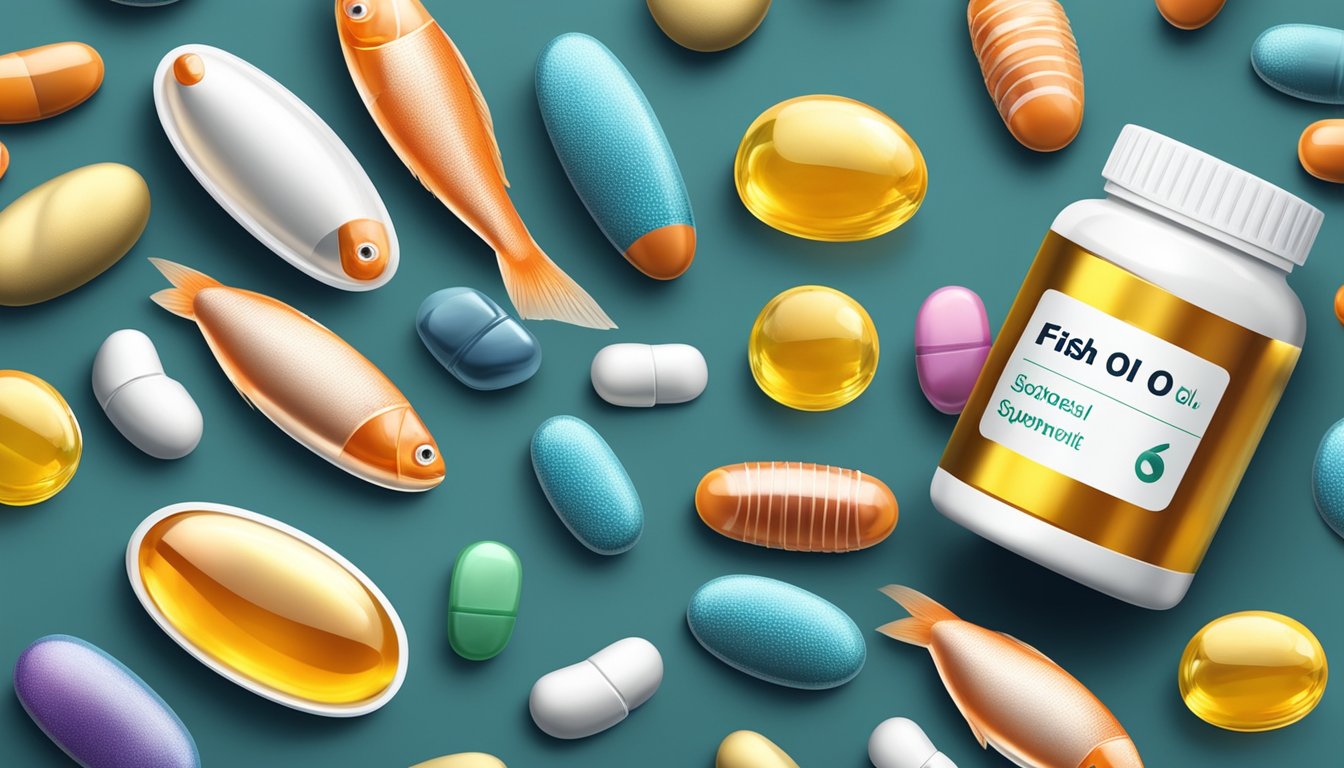 A bottle of fish oil pills surrounded by various other popular supplements, with a scientific study or report disproving their effectiveness in the background