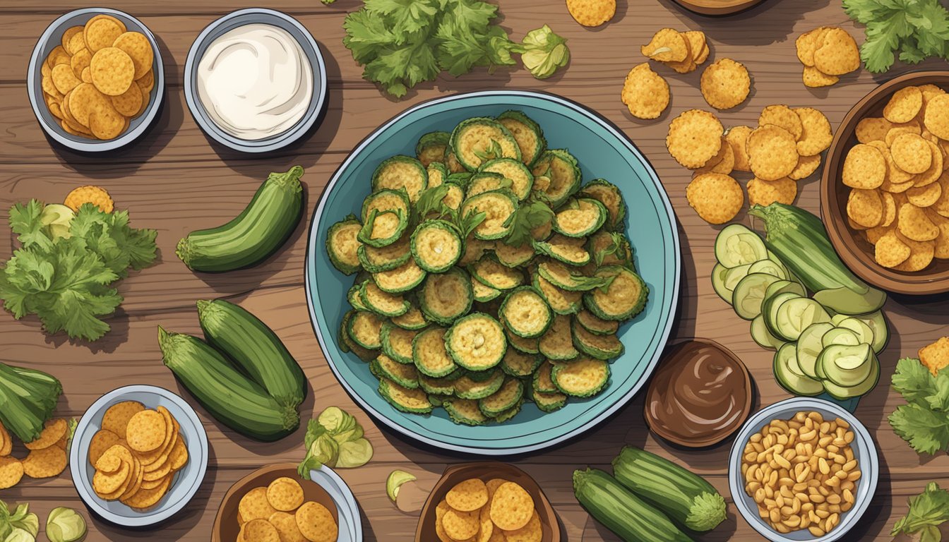 A bowl of crispy zucchini chips surrounded by other low-calorie snacks on a wooden table