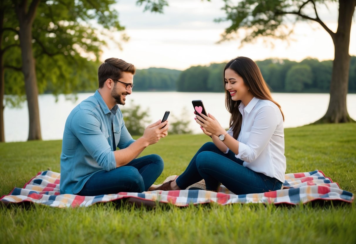 A couple sitting on a picnic blanket in a park, surrounded by trees and a lake. They are using a mobile app together, with a heart icon visible on the screen