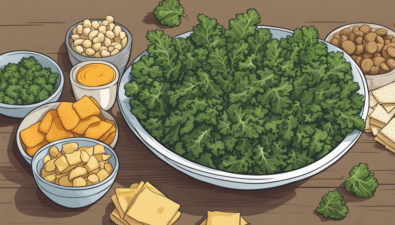 A bowl of kale chips surrounded by various other low-calorie snacks on a table