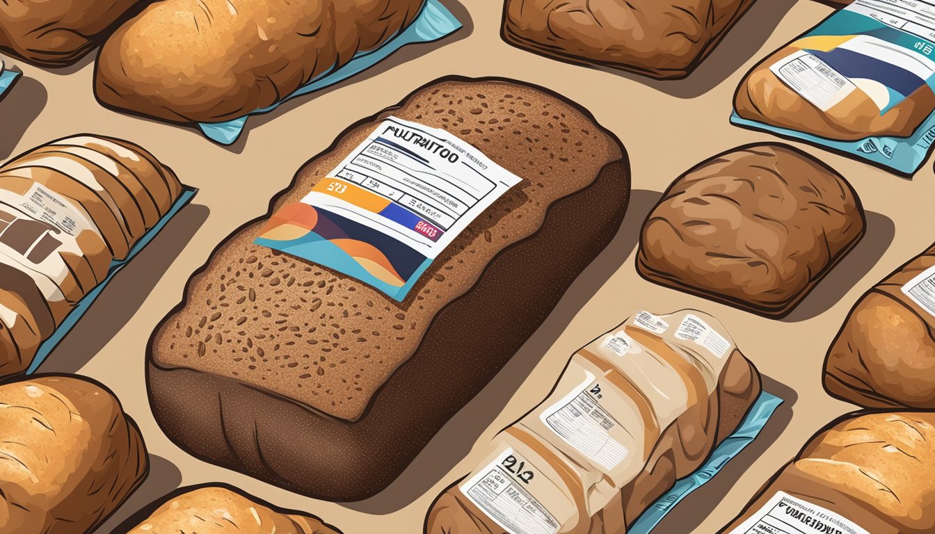 A loaf of rye bread surrounded by other breads, with a nutrition label showing low nutritional value