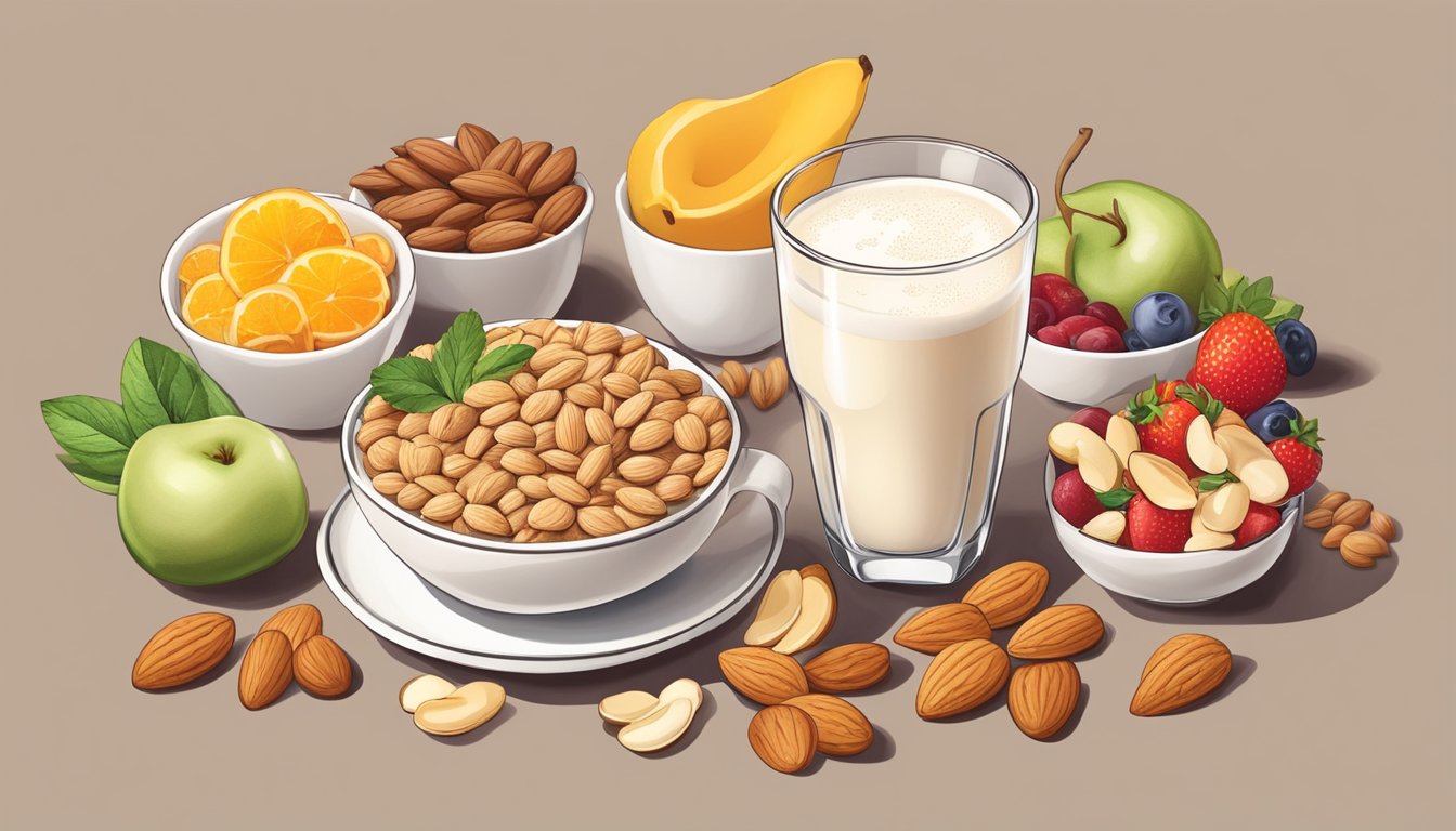 A table with a cup of almond milk latte surrounded by various low-calorie snacks like fruits, nuts, and veggies