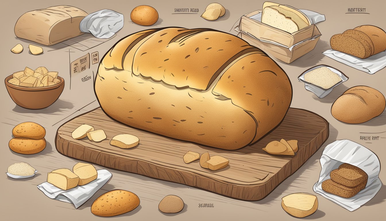 A loaf of potato bread surrounded by other bread varieties, with a nutrition label indicating poor nutritional value