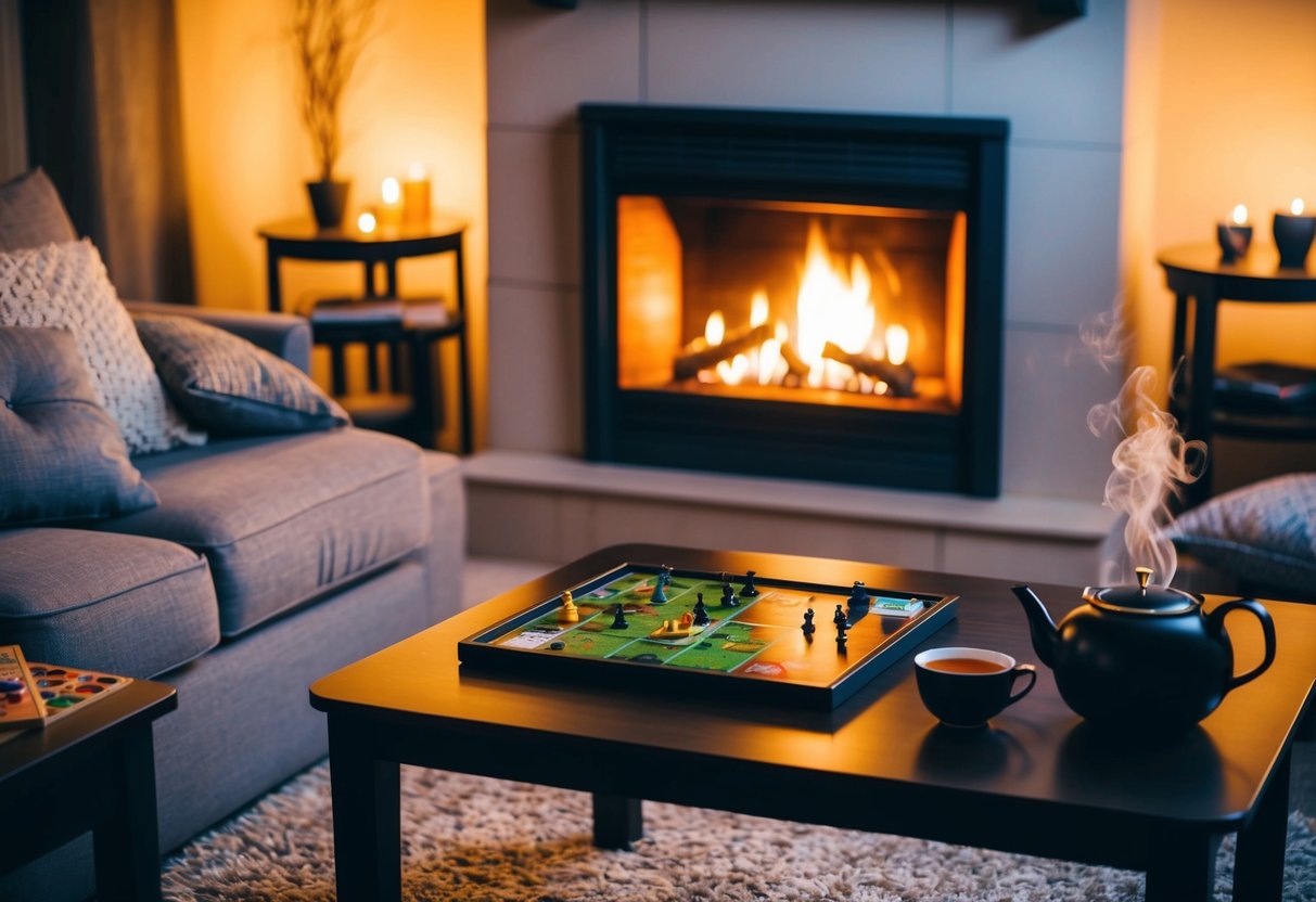 A crackling fireplace illuminates a cozy living room, with scattered cushions and a board game set up on a coffee table. A pot of steaming tea sits on a nearby side table, creating a warm and inviting atmosphere