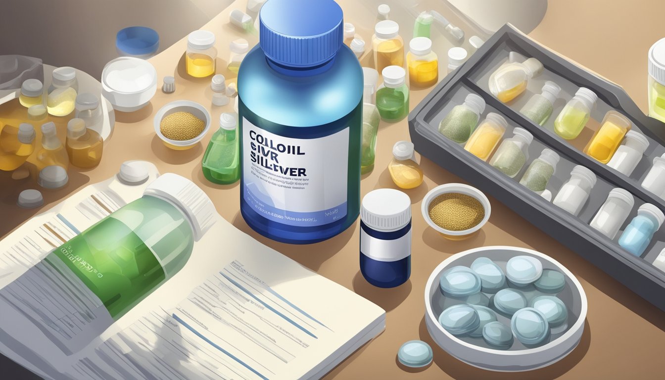 A bottle of colloidal silver surrounded by various other supplements, with a scientific study or report in the background, indicating lack of support