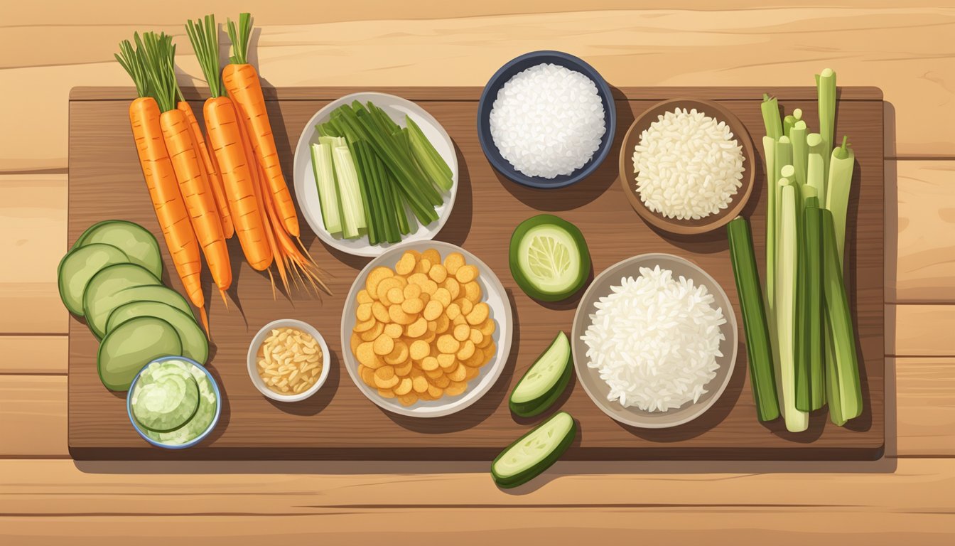 A variety of low-calorie snacks arranged on a wooden cutting board, including pickles, celery sticks, rice cakes, and carrot sticks