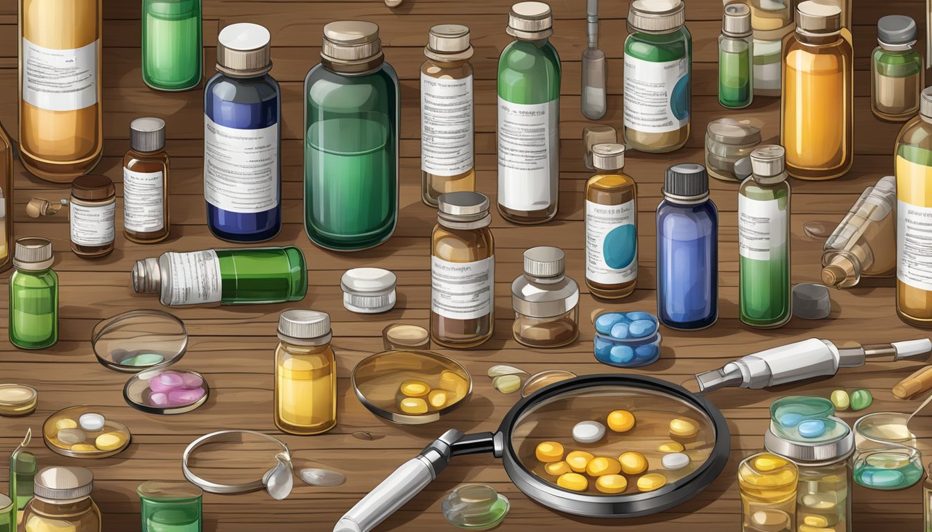 A collection of various homeopathic remedy bottles and supplements arranged on a wooden table, with a magnifying glass nearby for examination