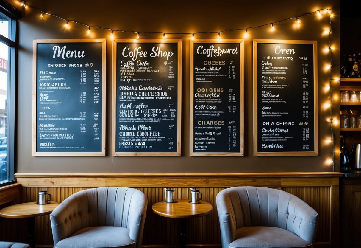 A cozy coffee shop with a chalkboard menu, plush armchairs, and twinkling string lights creating a warm and inviting atmosphere
