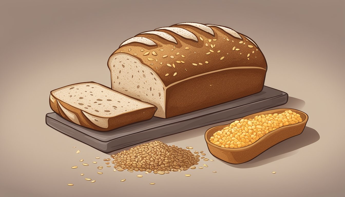 A loaf of multigrain bread surrounded by various refined grains, with a label indicating it as one of eight seemingly healthy but nutritionally poor bread options