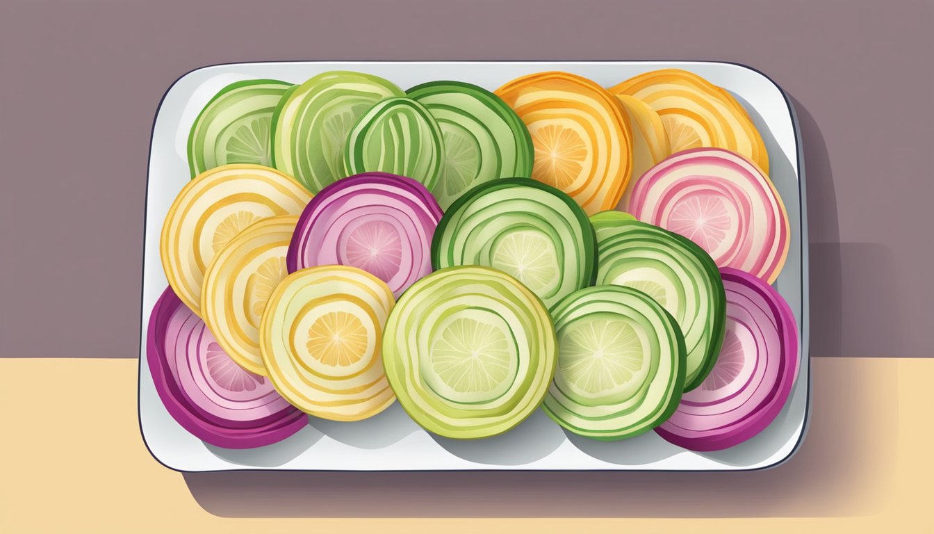 A plate with colorful jicama slices arranged in a decorative pattern