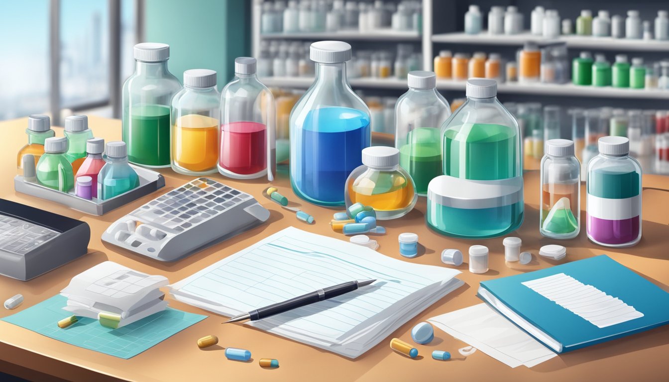 A laboratory table with various supplement bottles, including chromium picolinate, surrounded by scientific equipment and research papers