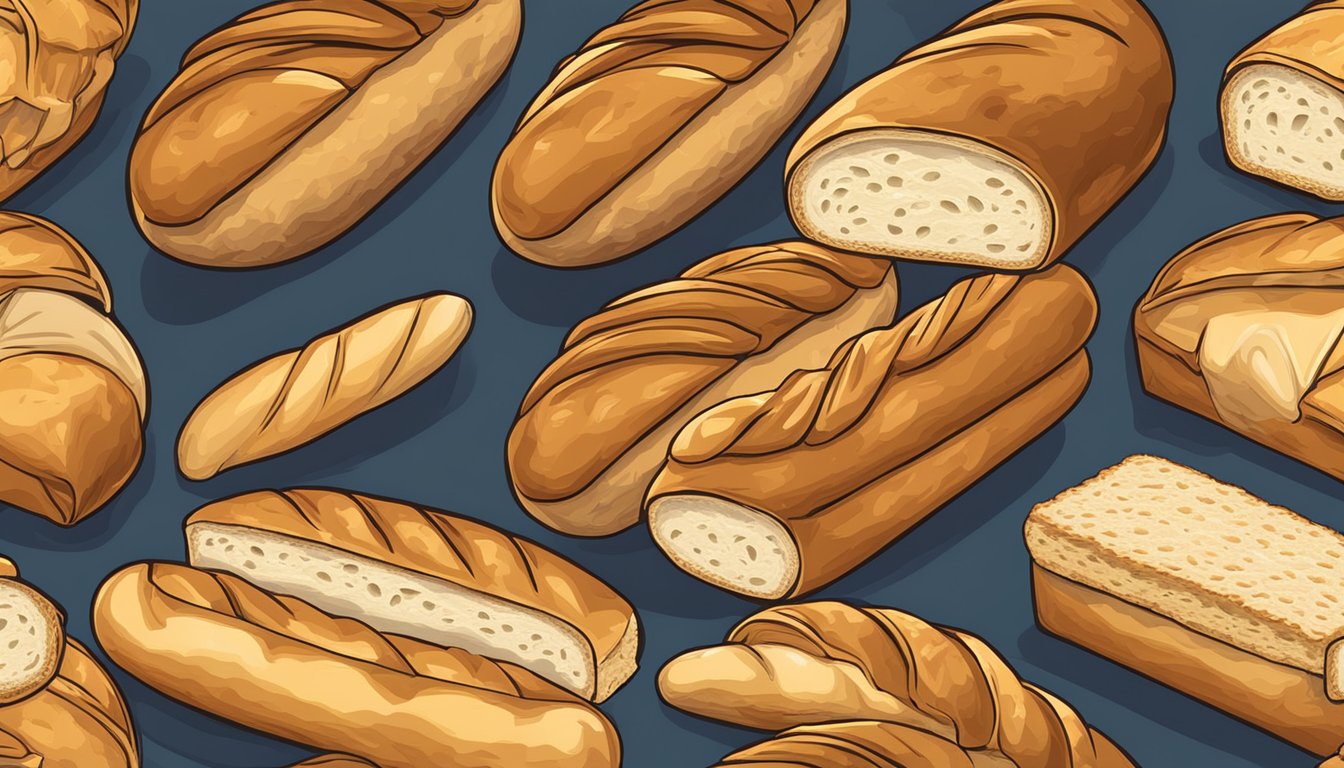 A French baguette surrounded by other bread loaves, with a spotlight on the baguette to emphasize its significance