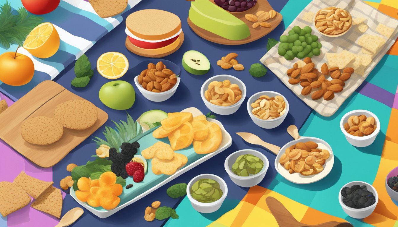 A beach picnic with a variety of low-calorie snacks spread out on a colorful blanket, including seaweed snacks, fruit, and nuts