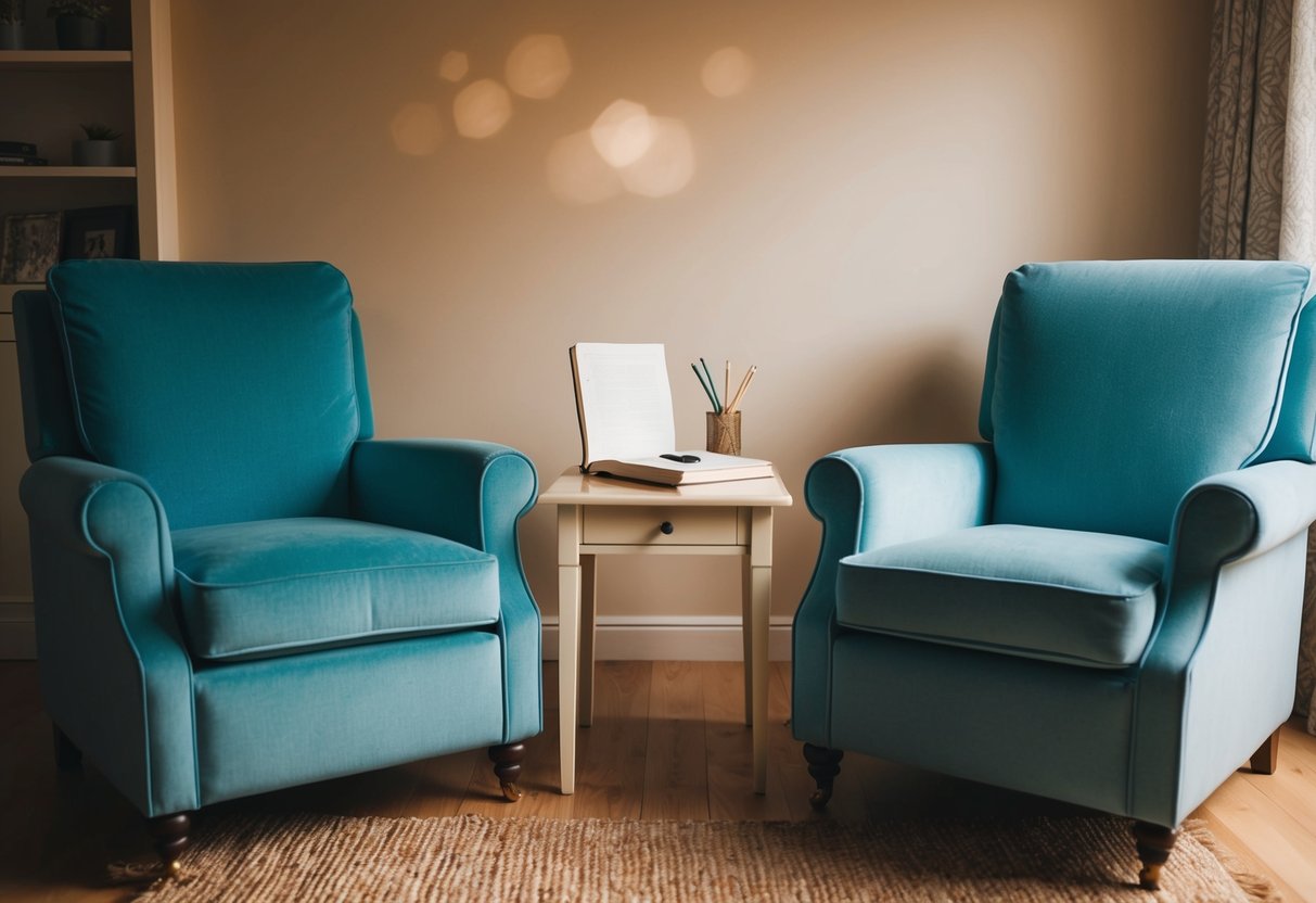 A cozy living room with two armchairs facing each other, a small table between them holding the journal. Soft lighting and a warm color palette create a relaxed and intimate atmosphere