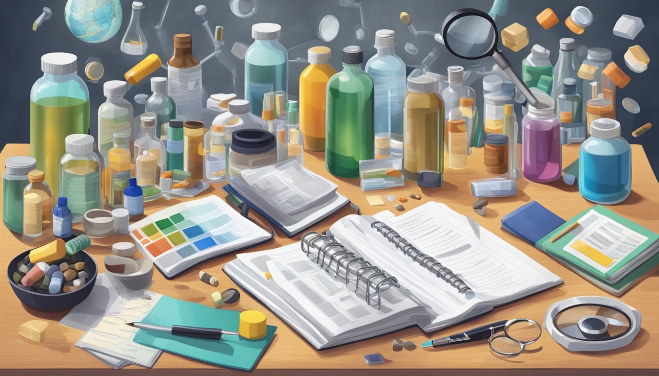 A cluttered table with various supplement bottles and scientific journals scattered around, a magnifying glass highlighting the lack of evidence for their health benefits