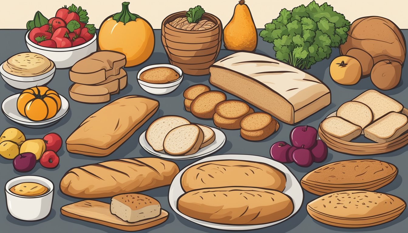 A table with 8 different types of bread arranged neatly, surrounded by various fruits and vegetables, with a nutrition label next to each loaf