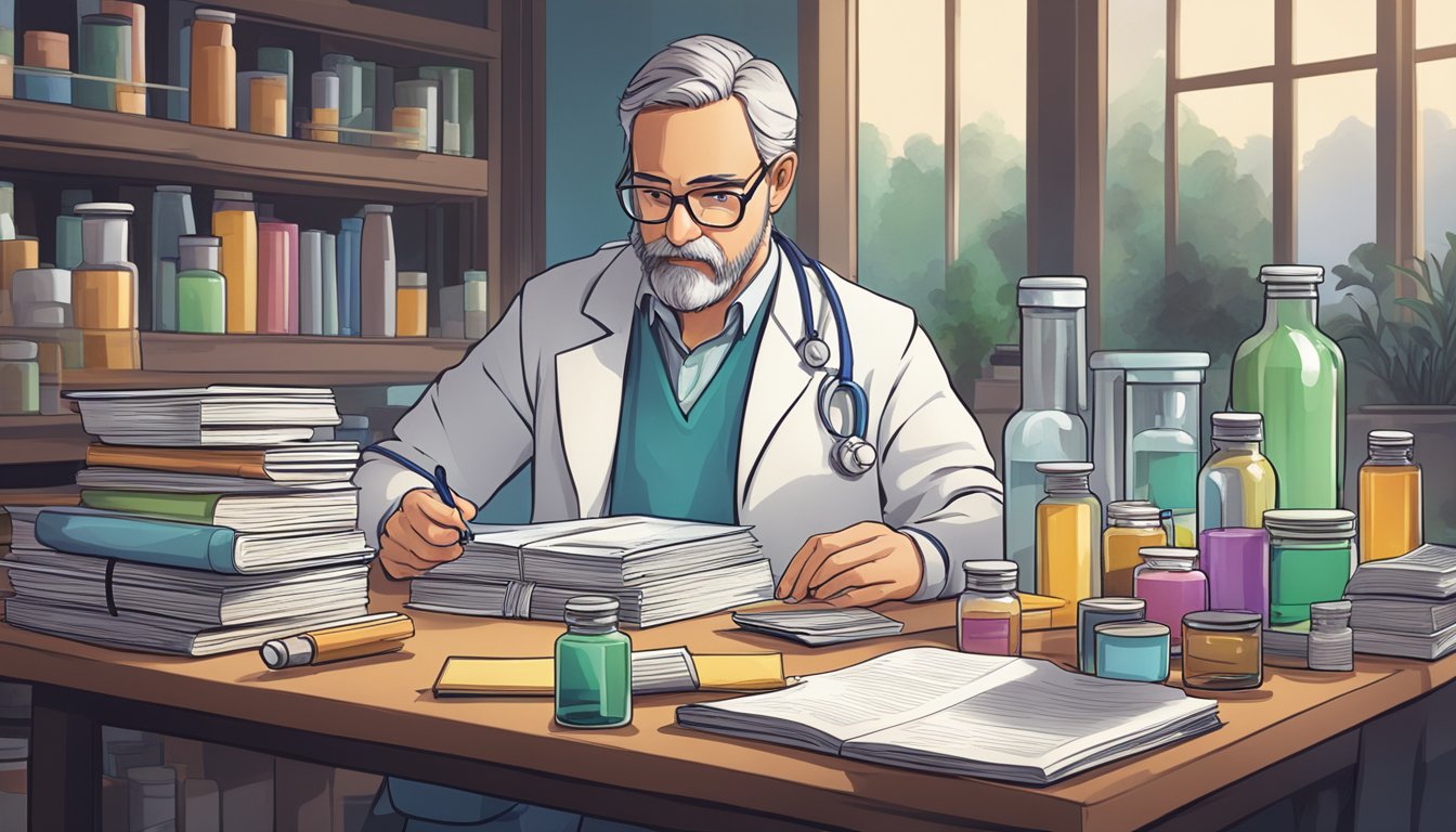 A table with various supplement bottles, a stack of scientific journals, and a skeptical scientist reviewing research papers