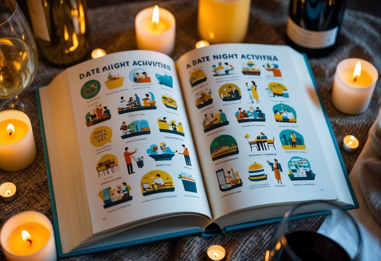 An open book with colorful illustrations of various date night activities, surrounded by a cozy setting with candles and wine